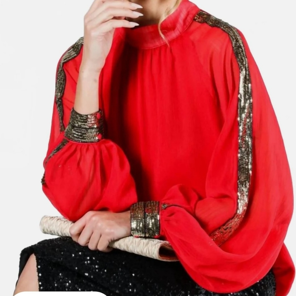 Elegant Red Sequin-Trimmed Blouse